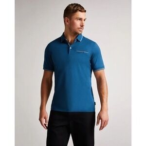 Ted Baker London Tortila Blue Short Sleeve Polo Shirt w/ Birdseye Collar XL NWOT